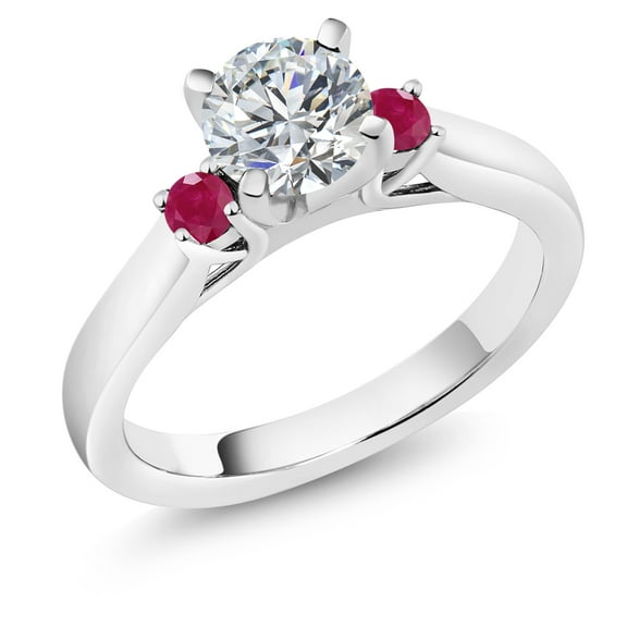 Gem Stone King 925 Sterling Silver Lab Grown Diamond and Red Ruby Engagement Ring for Women | 0.86 Cttw | Round 6MM | Gemstone April Birthstone | Size 9