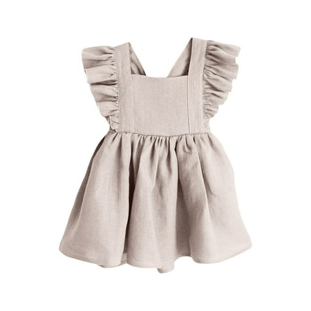 

TAIAOJING Toddler Baby Girl Dress Summer Fly Sleeve Linen Cotton Solid Print Dress Ruffle Princess Backless Dress Cute Sundress 3-4 Years