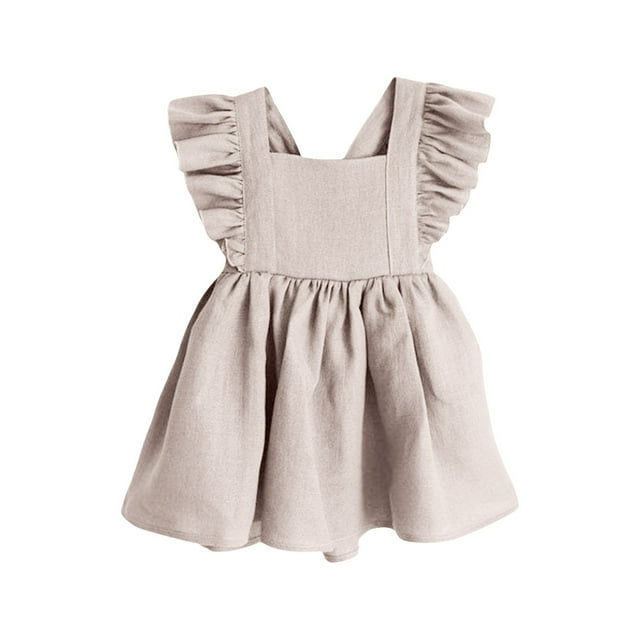 Product Category Girls Dresses | Product Title Toddler Girl Summer Linen Dress with Fly Sleeves Solid Print Ruffle Detail Backless Design for Little One