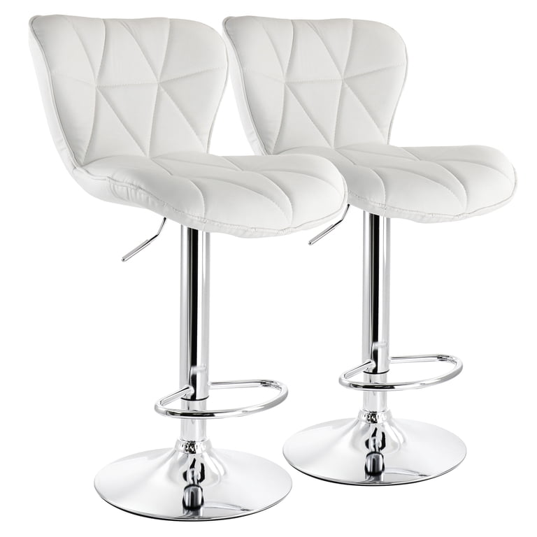 Elama Set Of 2 Modern Bar Stools - White Tufted Faux Leather Swivel Stools With Chrome Base