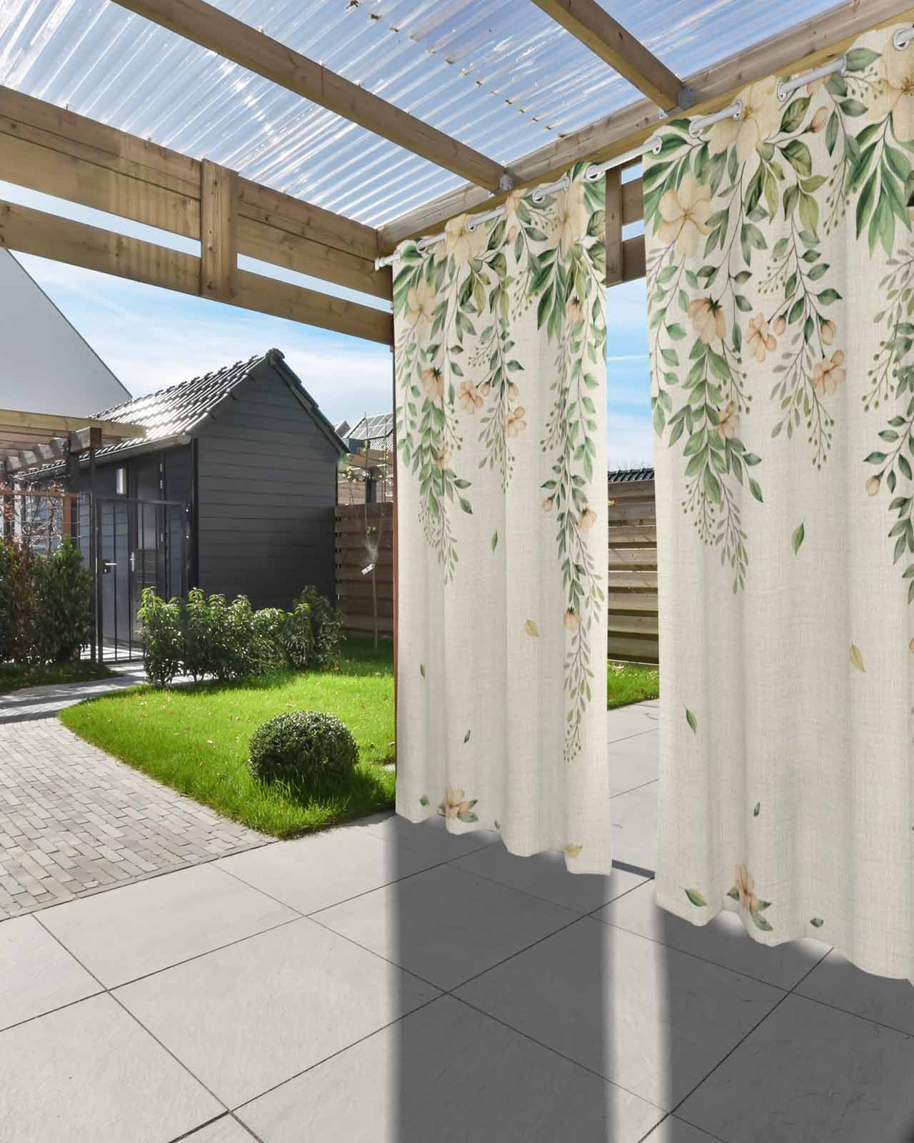 Spring Flowers Outdoor Curtains for Patio, Watercolor Beige Floral Falling Green Leaf Plant Linen Texture Waterproof Weatherproof Outside Privacy Curtains Outdoor Drapes for Porch 54x95 Inch, 2 Panel