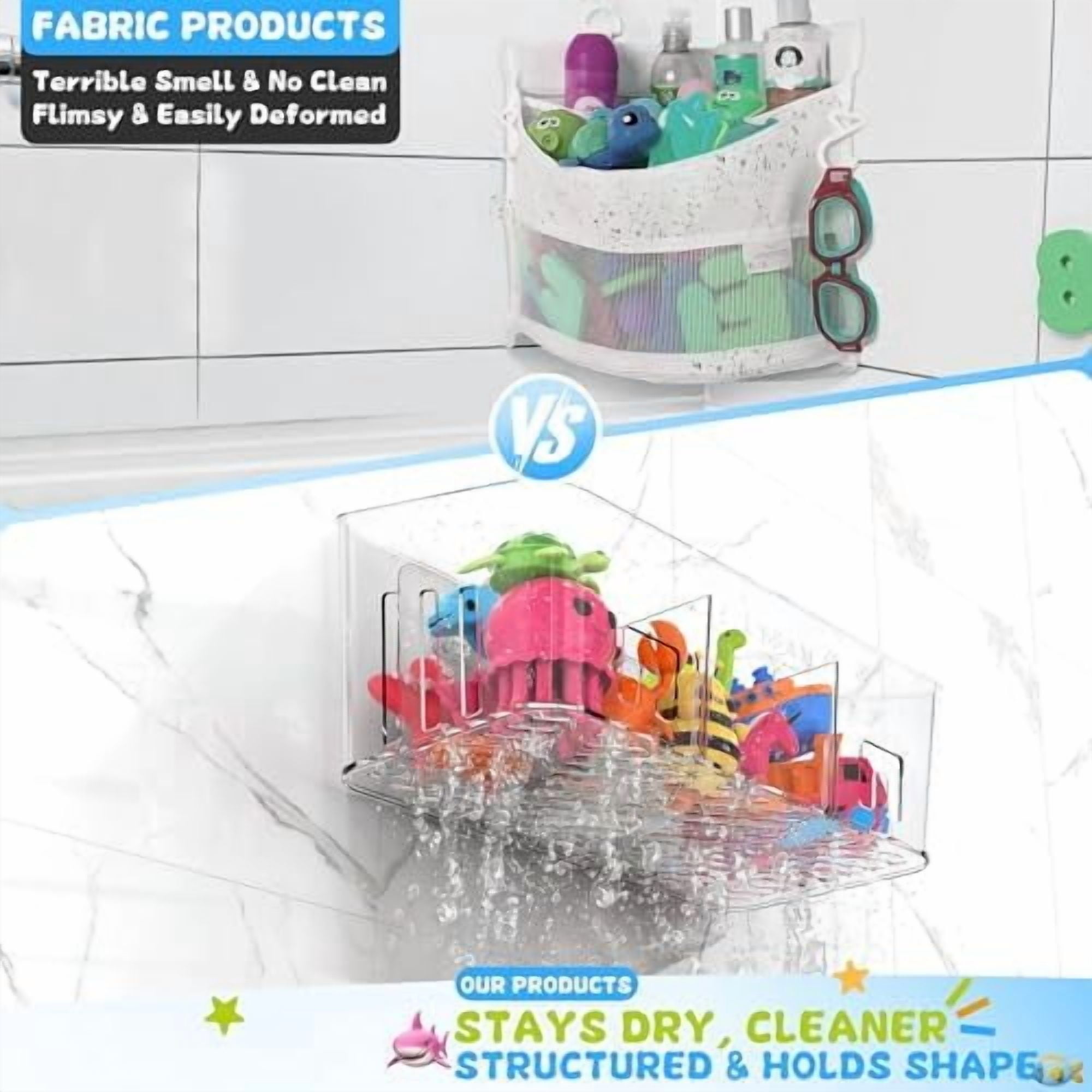 Bath Toy Storage 2 Packs, Large Holder with 3 Compartment, Quick Dry Bathtub Organizer, Tub Net, Shower Basket & Bin, Bathroom Accessories for Baby,Toddler,Kids（Clear）