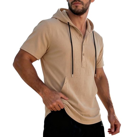 Maean Men Hooded Top Short Sleeve Drawstring Casual Lightweight Hoodies Sweatshirt with Pocket