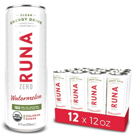 RUNA ZERO Organic Clean Energy Drink from the Guayusa Leaf, Watermelon, Calorie Free & Sugar Free, 12 Ounce (Pack of