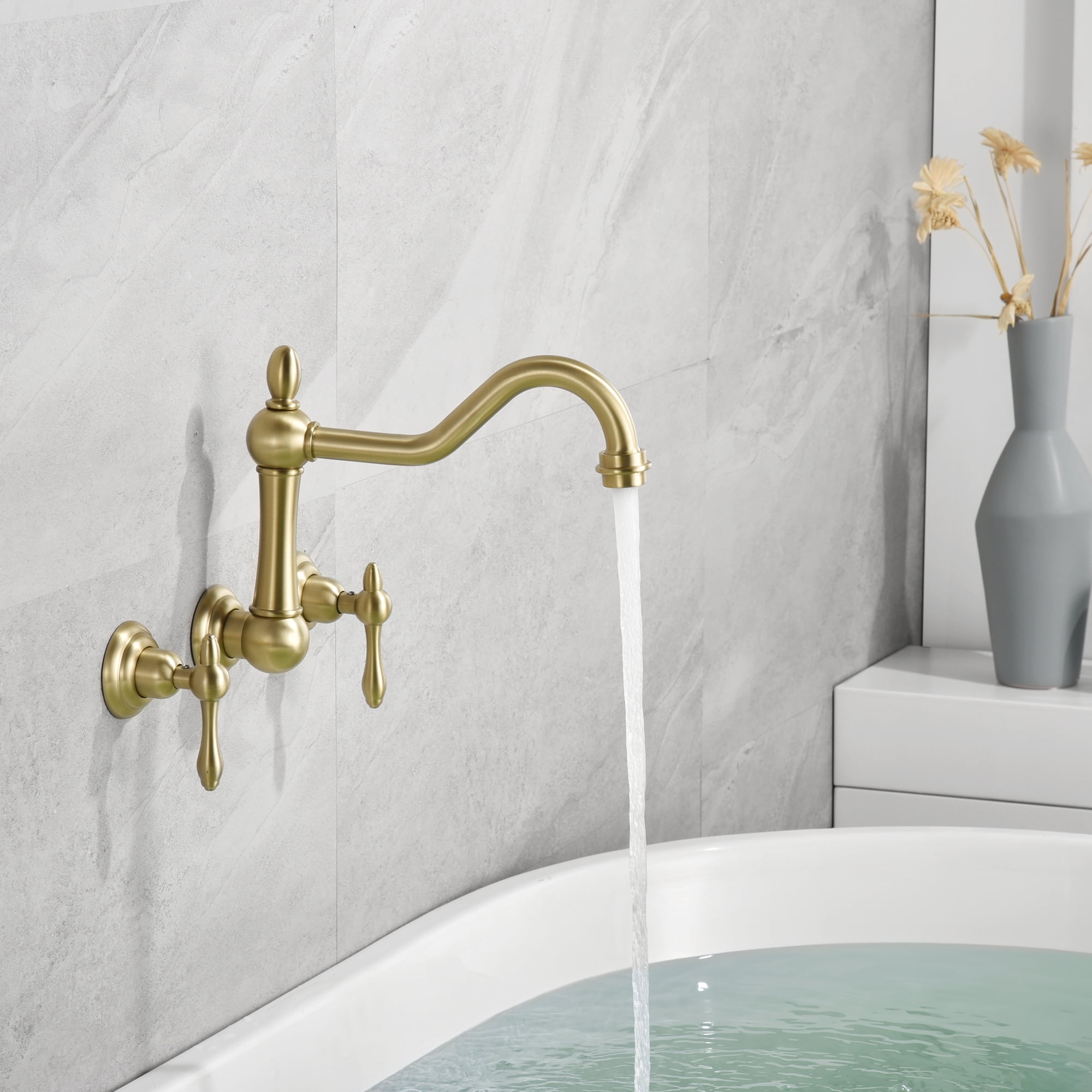 sumerain Vintage Wall Mount Tub Faucet, 8 Inches Center 3 Hole Bathtub Filler Brushed Gold
