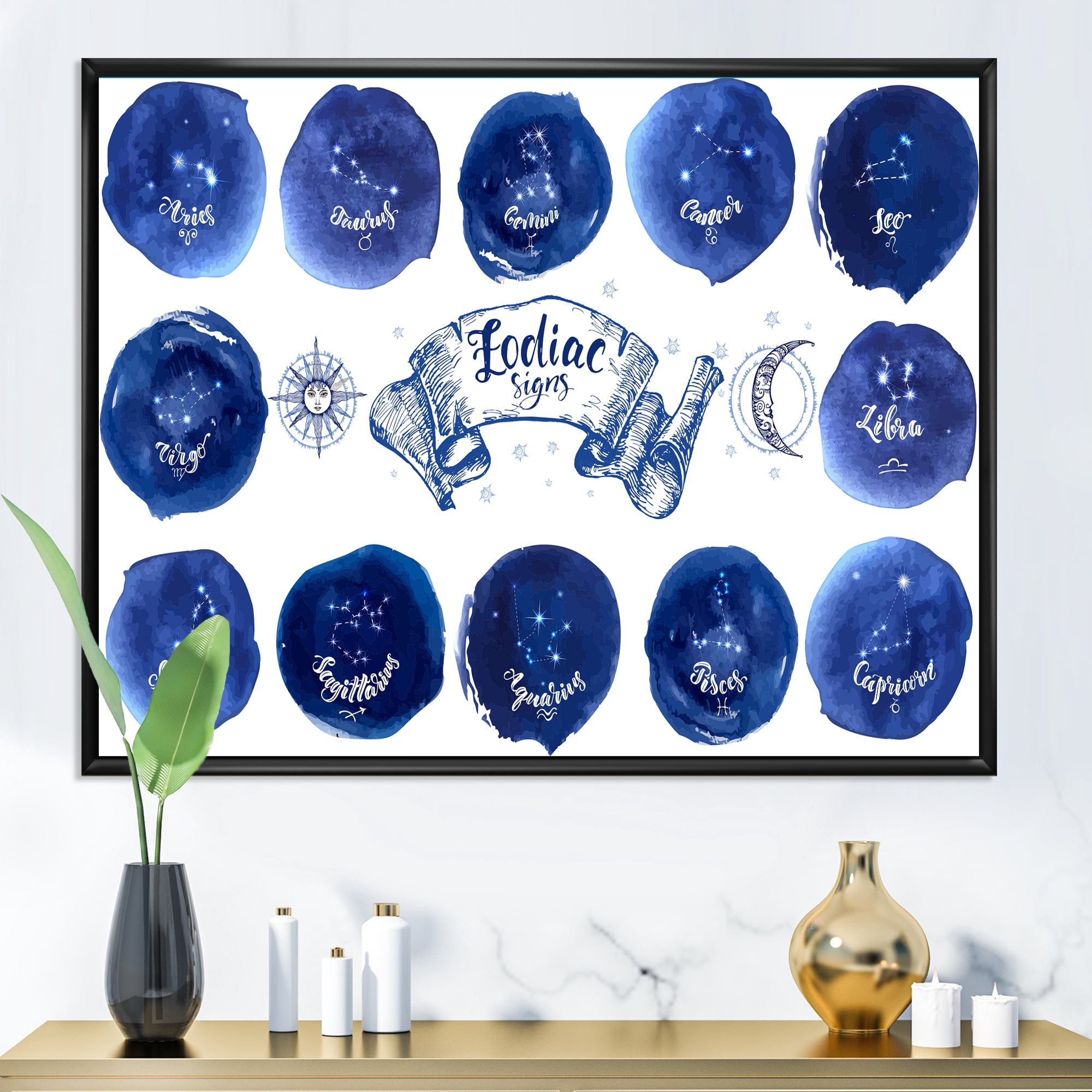 Designart 'Collection of Astrology Signs On Blue Circles' Modern Framed Canvas Wall Art Print