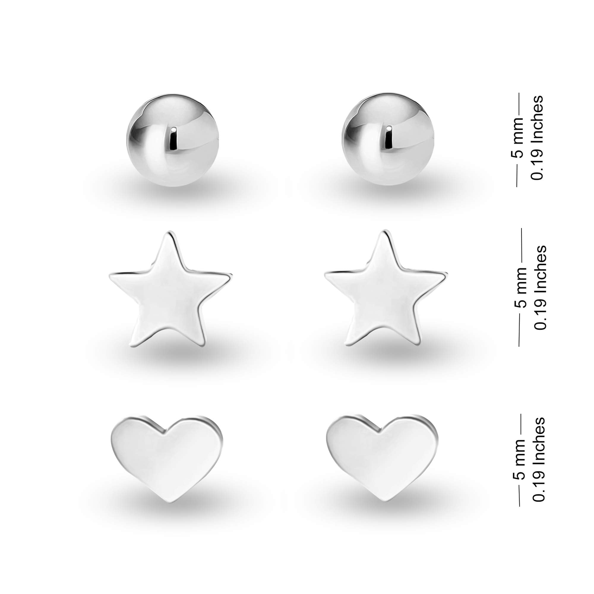 LeCalla 925 Sterling Silver Light-Weight Classic Small Ball, Star and Heart Post Stud Earrings for Women and Teen Set of 3 Pairs 5MM