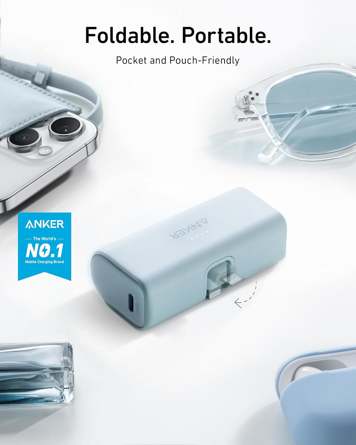 Nano Portable Charger for iPhone, with Built-in MFi Certified Lightning Connector, Power Bank 5,000mAh 12W, Compatible with iPhone 14/14 Pro / 14 Plus, iPhone 13 and 12 Series (Blue)