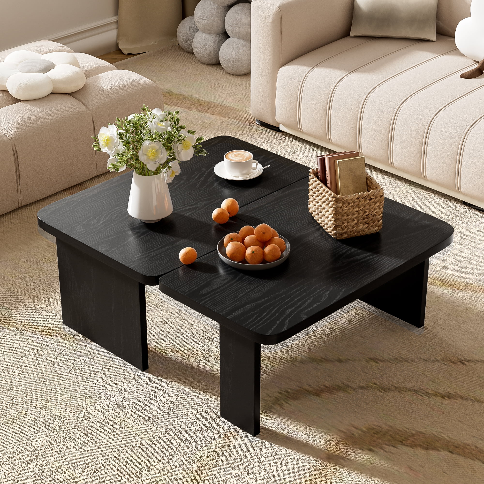Euroco Modular Coffee Table Set of 2 – Freely Configurable Wood Grain MDF Tables with Modern Design, Compact Side Table Option