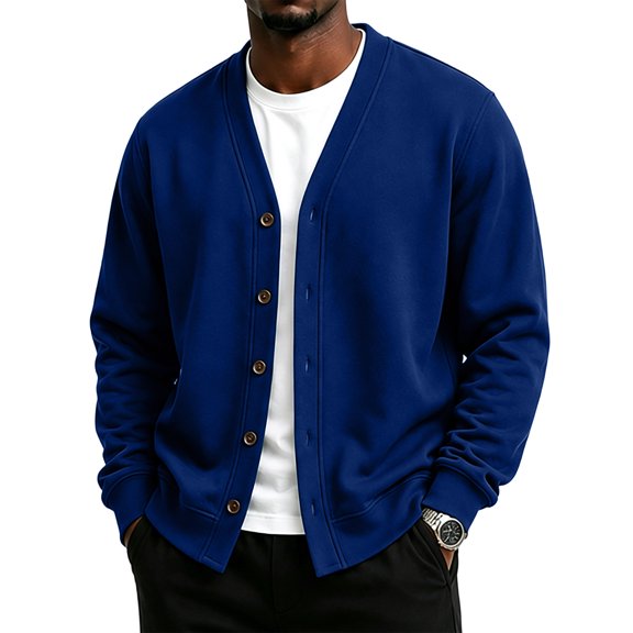 Button Down V-Neck Jacket for Men, Trendy Long Sleeve Solid Color Loose Fit Fall Casual Cozy Streetwear Outerwear Blue 2XL