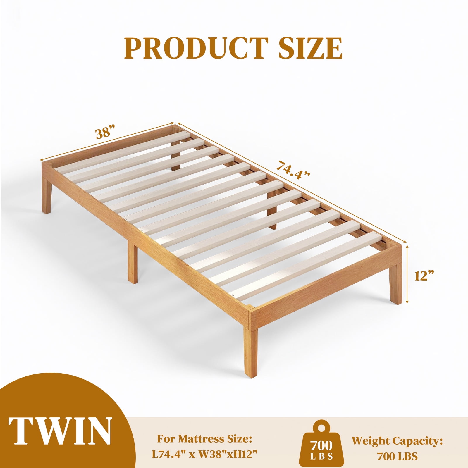 Sybels 12" Twin Size Wood Bed Frame, Natural Pine Platform with Slat Support, No Box Spring Required