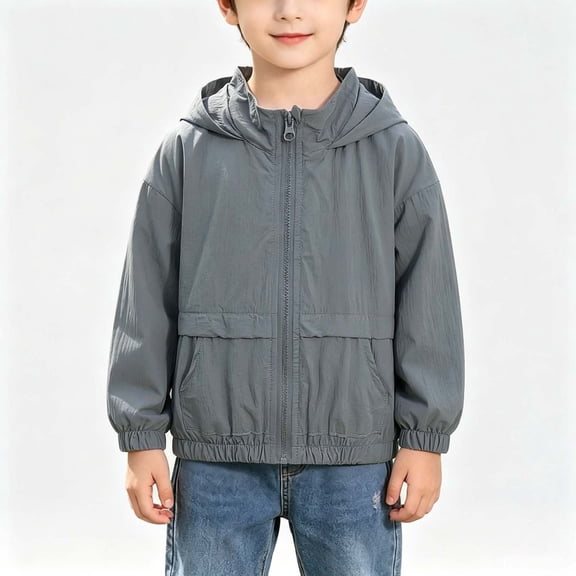 Mifsaly Boys Hooded Windbreaker Lightweight Full Zip Active Jackets Kids Solid Color Casual Outdoor Play Coats with Pockets for School And Travel