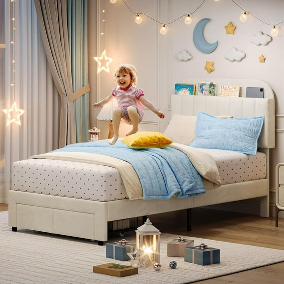 COZONY Twin Bed Frame with Storage Drawer, Velvet Upholstered Platform Bed w/ Bookcase Headboard, No Box Spring Needed, Noise-Free, Beige