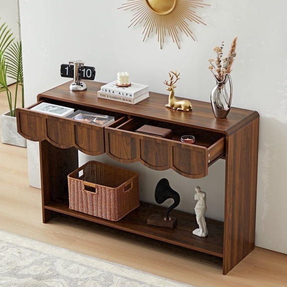 PHOYAL Console Table Sofa Table with 2 Drawer and Open Storage Shelves, Modern Entryway Table for Living Room Hallway Bedroom, Walnut