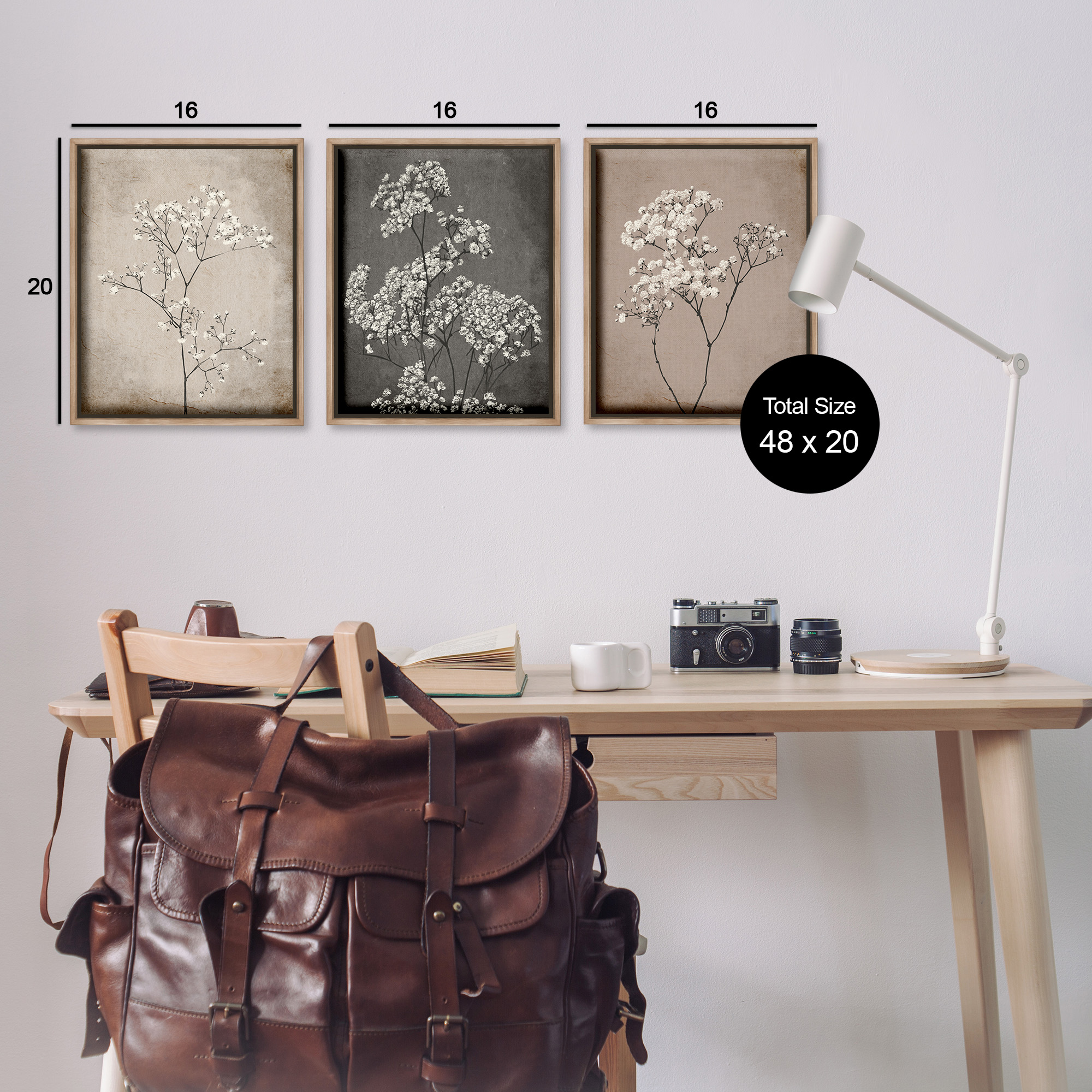 Stupell Industries Botanical Baby's Breath Herbs Botanical & Floral Painting Brown Floater Framed Canvas Art Print Wall Art, 17 x 21, Set of 3