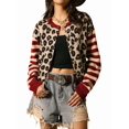 thumbnail image 2 of Women's Leopard Print Striped Patchwork Button Front Cropped Knit Cardigan Red S, 2 of 10