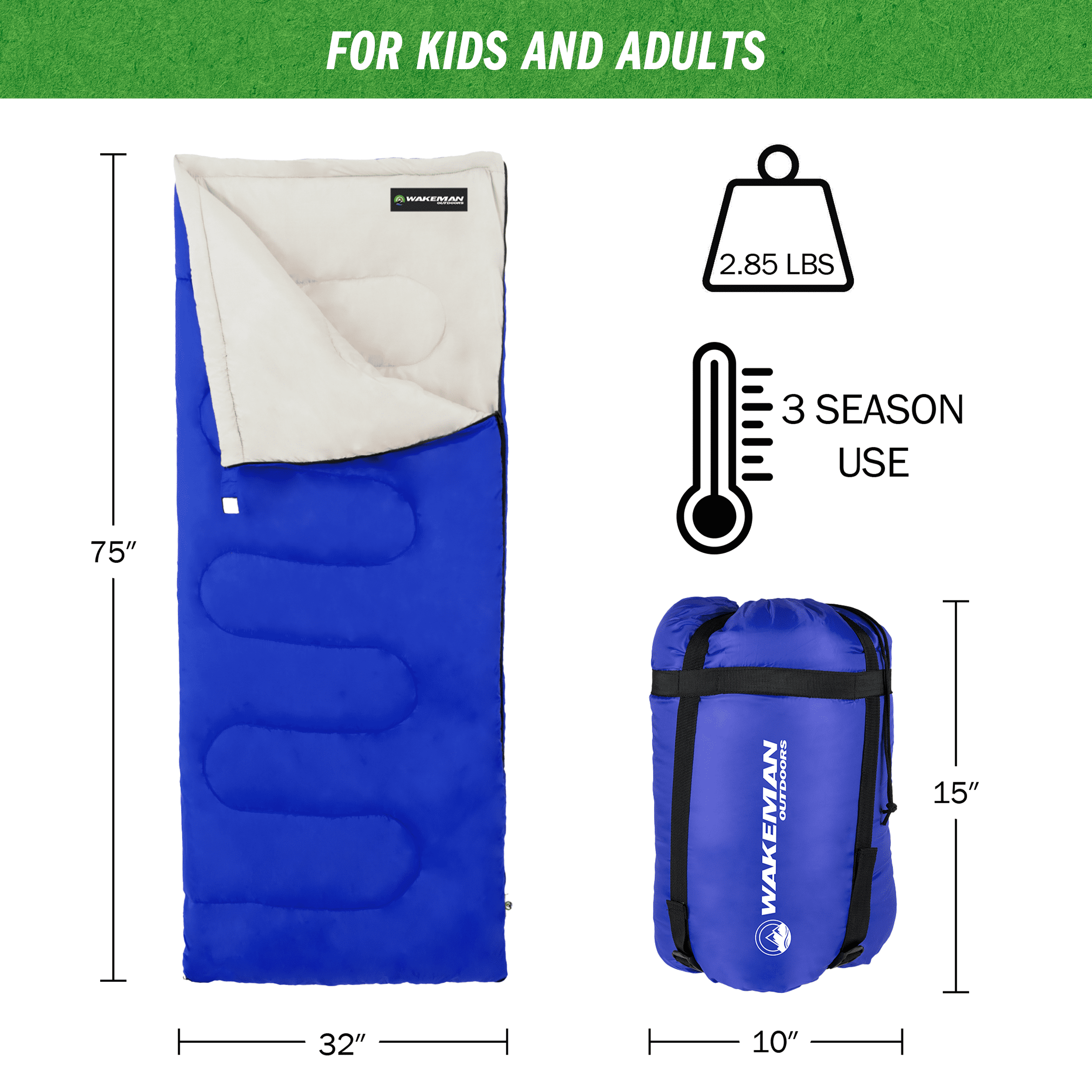Wakeman Outdoors Warm Sleeping Bag with Insulated Filling for Adults (Blue)