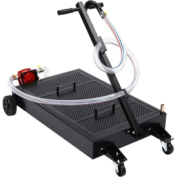 15 Gallon Oil Drain Pan, Large Capacity Low Profile Oil Drain Pan with Manual Rotary Pump, 7.2Ft Hose & Foldable T-Handle, Rolling Oil Drain Cart for Trucks, Buses, Cars