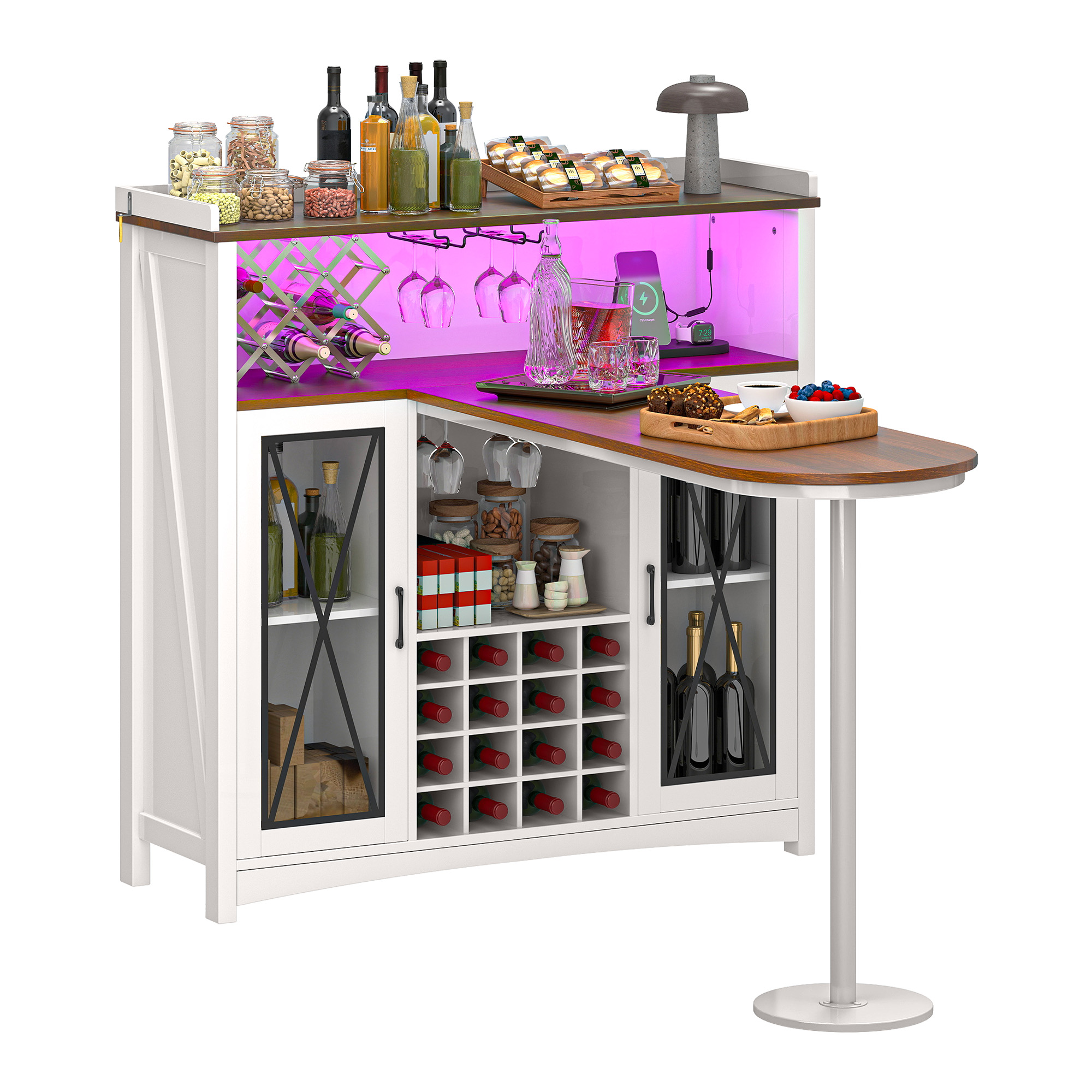 Uforic Wine Cabinet with Power Outlets & LED Lights, Bar Table with Wine Storage & Glass Rack, White
