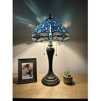 Tiffany Table Lamp Blue Stained Glass Dragonfly LED Bulbs Included Pull Chain Switches for Living Room Dining Room Bedroom Bedside 12"W*12"D*22"H
