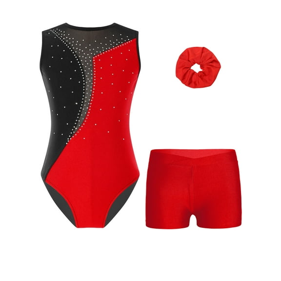 renvena 3Pcs Kids Girls Dance Gymnastics Outfit Sleeveless Round Neckline Shiny Rhinestones Leotard with V-front Waistband Shorts and Hair Band Red 16