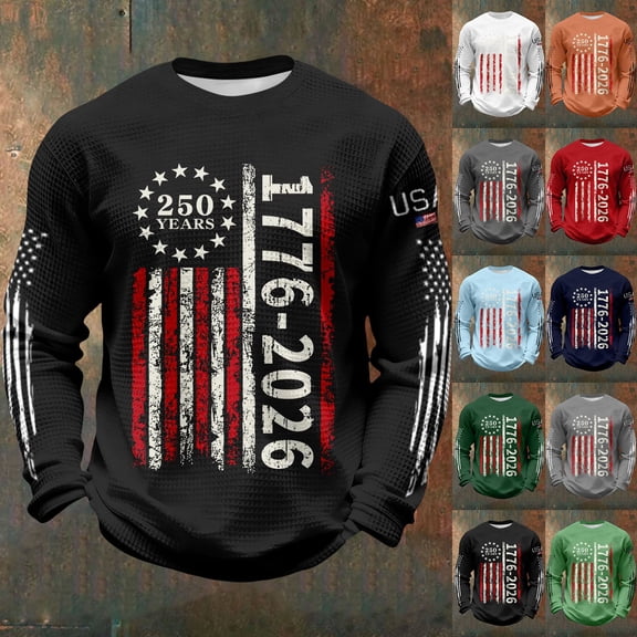 BUWTTED Mens T Shirts Anniversary USA Letter Print Graphic Knit Tees Independence Day Casual Long Sleeve Crew Neck Black Shirt L