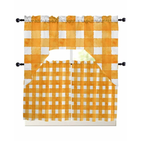 Orange Plaid Kitchen Curtains Sets 36 Inch Length with Valance, Watercolor Grid Checker Gingham Farmhouse Swag Valances and Tiers Curtain Set Drapes Swag Curtains for Living Room, Bathroom, Bedroom