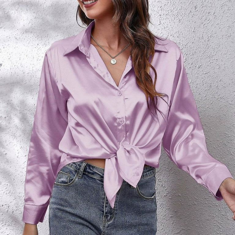 Wyobmus Women's Satin Silk Shirt Regular Fit Dress Shirt Long Sleeve Solid  formal Shirt Business Casual Button Down Shirts Purple - Walmart.com