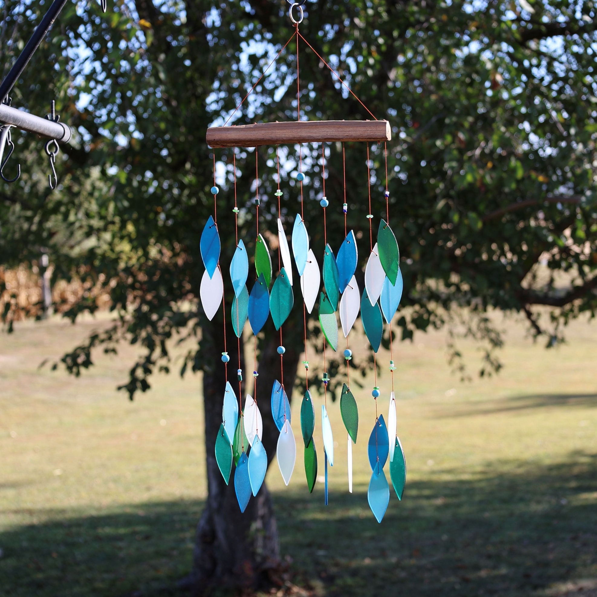 Blue Handworks Ocean Blues Beaded Glass & Driftwood Wind Chime - Sandblasted Glass and Found Wood Handcrafted Outdoor and Garden Windchime