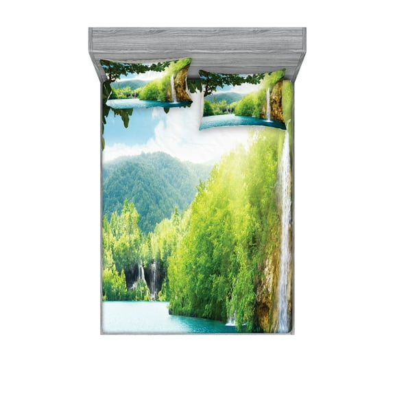 Ambesonne Landscape Fitted Sheet & Pillow Sham Set, Crotian Lake Forest, Full, Green and Blue