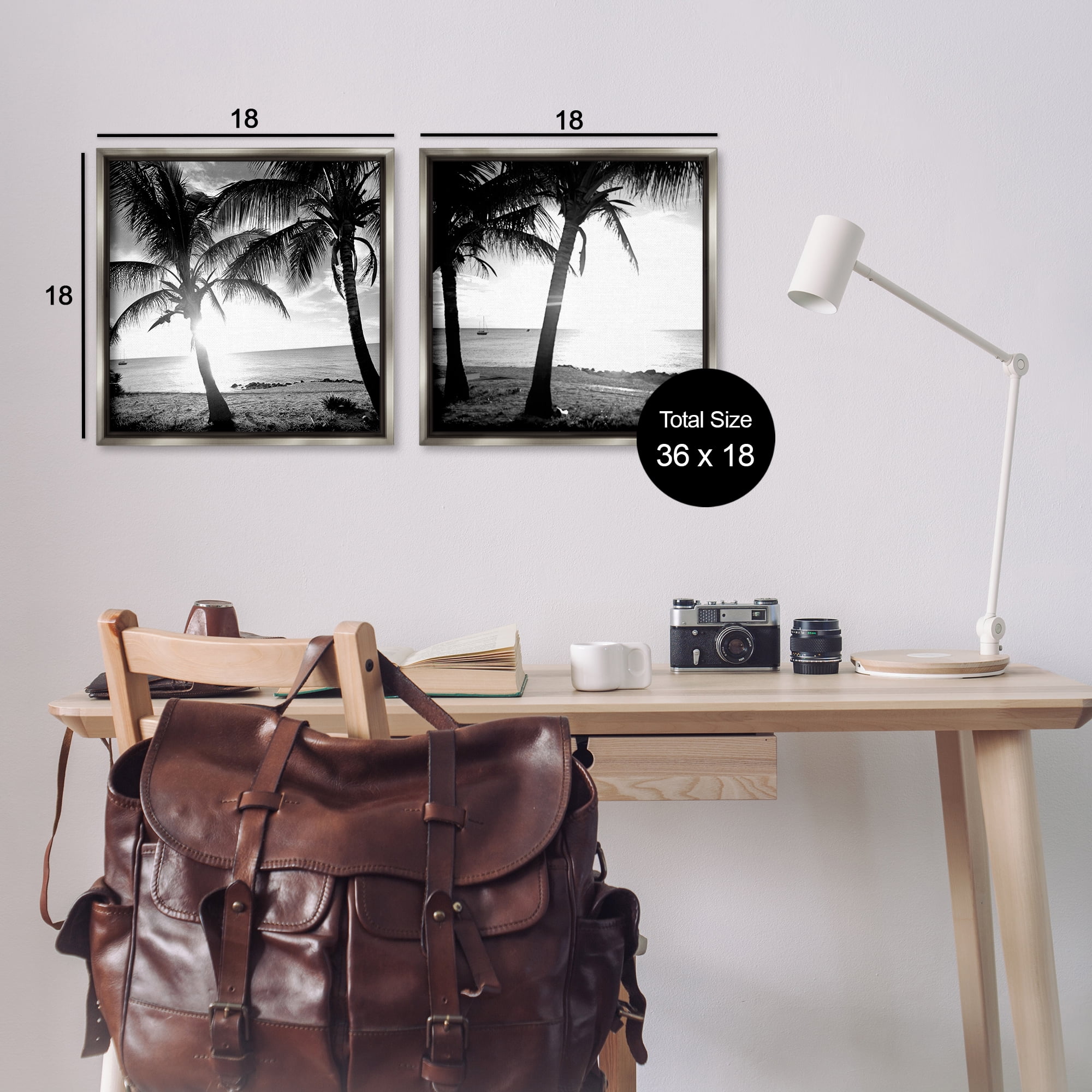 Stupell Industries Tropical Palm Sunset Landscape & Nature Photography Gray Floater Framed Canvas Art Print Wall Art, 18 x 18, Set of 2