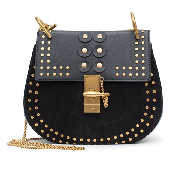 Chloe Black Shoulder Gold Studded Velvet Grommet Bag Drew Porte Epaule New