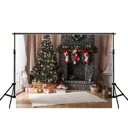 Image of 7x5ft Christmas Photography Backdrop for Children Christmas Tree and Three Gift Socks Hang Fireplace Photo Background