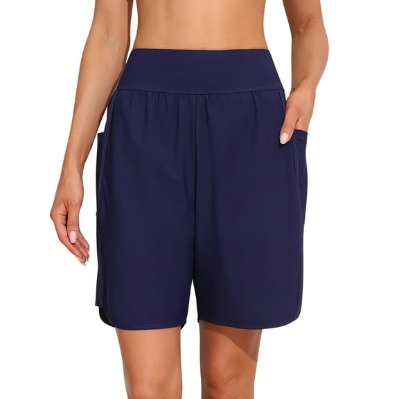 Charmo High Waisted Swim Shorts for Womens Side Slits Boardshorts with Pockets UPF 50