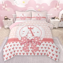 jejeloiu Letter A Monogrammed Bedding Comforter Set,Cute Dots Bowtie Twin Comforter Sets,Cartoon Loves Pattern Bedding Set For Girls,Microfiber Room Decorative Reversible,2pcs