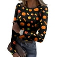 thumbnail image 2 of Women's Ribbed Knit Long Sleeve Plain Shirts Halloween Print Stretch V Neck Cute Jumper Tee Tops, 2 of 3