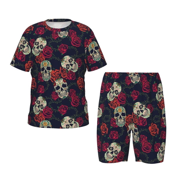 Balery Roses Skulls Conjunto de Pijama Infantil de Manga Corta con Estampado – Ropa de Dormir de Algodón Suave-X-Large