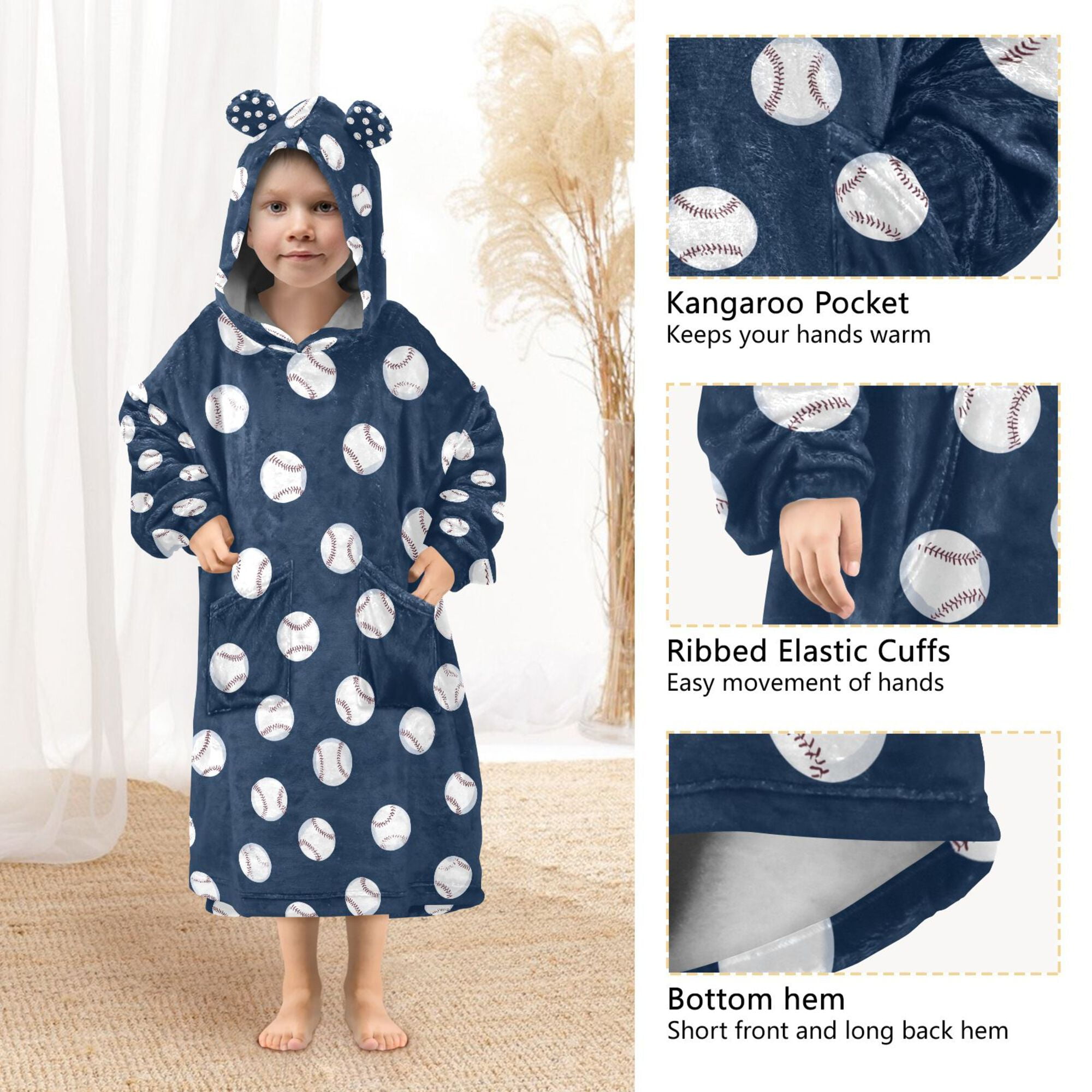 FORMRS Wearable Blanket Hoodie with Sleeves for Kids Cozy Flannel Sweatshirt, Navy Blue Baseball Pattern