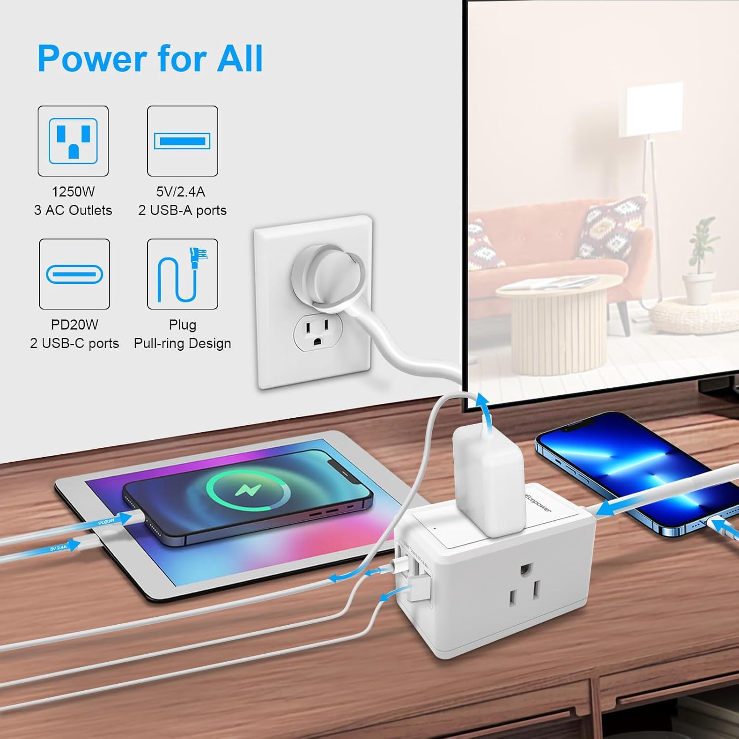 10FT Long Surge Protector -with 3 Widely Outlets and 4 USB Ports(2 USB-C Port,PD20W Fast Charging),10 Foot Extension Cord(1250W/10A),Wall Mount for Home Office,900 J,White(2 Pack)