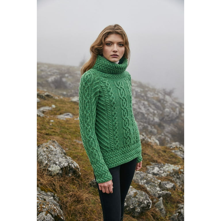 SAOL 100% Merino Wool Women's Aran Oversized Cable Knit Fisherman Sweater  High Neck Irish Pullover Made in Ireland 