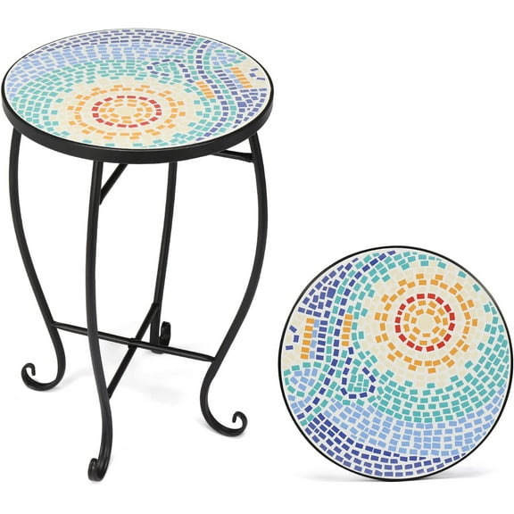 Mosaic Accent Table, 14" Round Side Table,End Table, Plant Stand Decor for Patio Porch Beach Theme Balcony Back Deck Pool Indoor Outdoor Coffee, Metal Cobalt Glass Top Black Iron(Blue Hawaii)