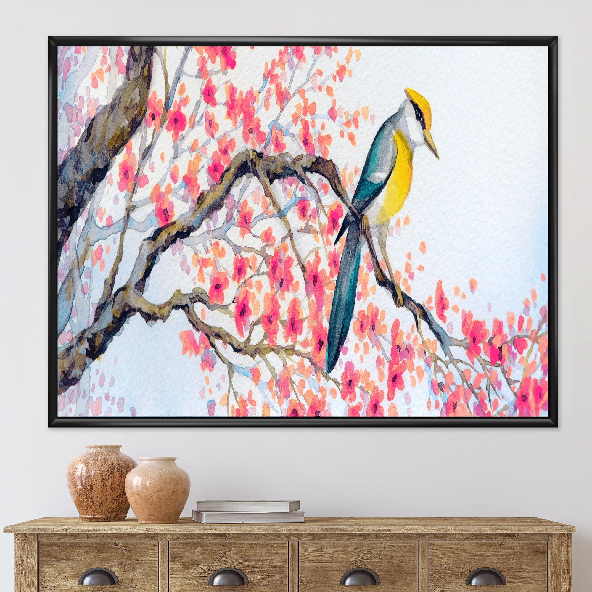 Designart 'Beautiful Pink Bird Sitting On Flowering Branch I' Traditional Framed Canvas Wall Art Print
