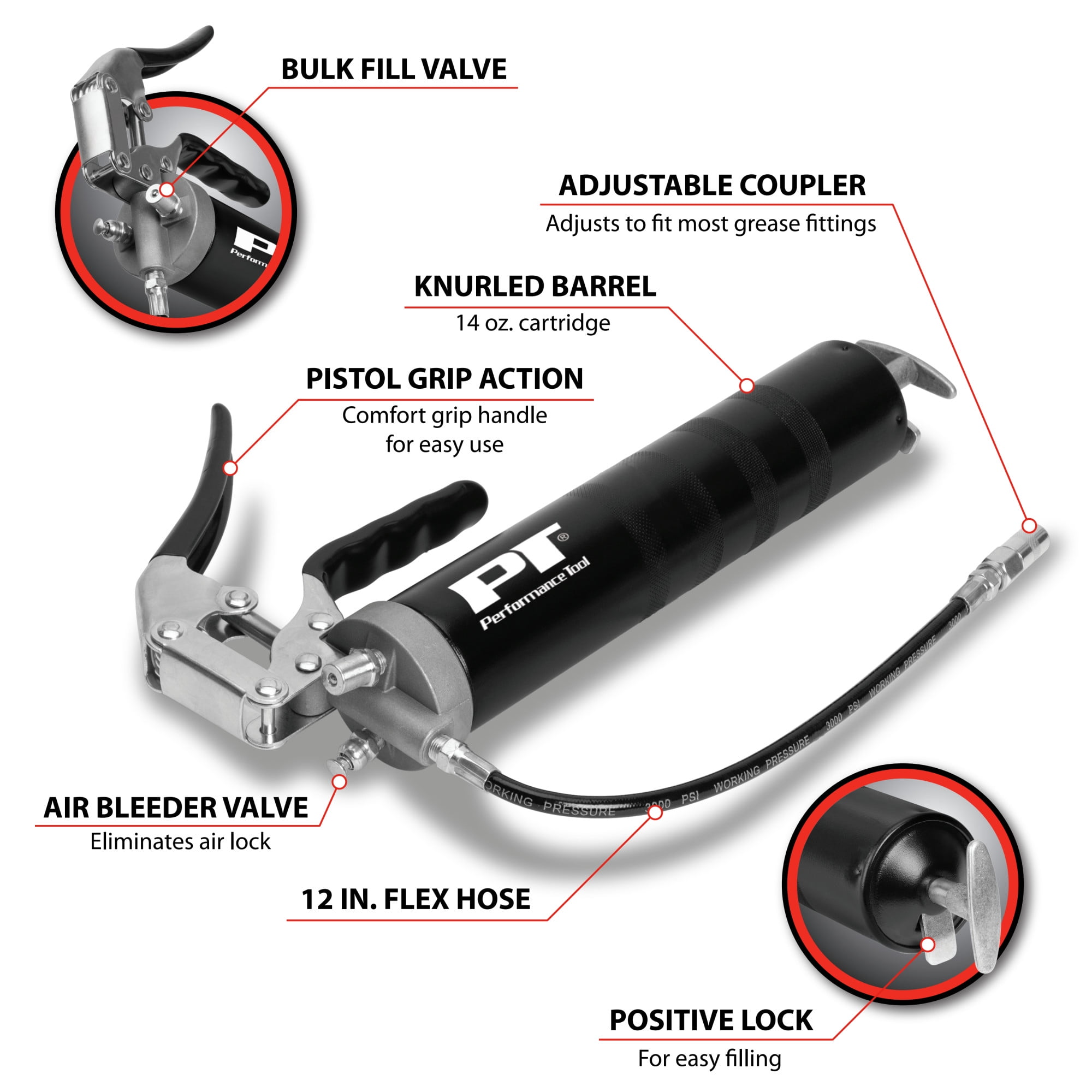 Performance Tool W54204 Professional 14oz Pistol Grip Grease Gun, Ergonomic and Efficient Lubrication Solution for Industrial and Automotive Applications
