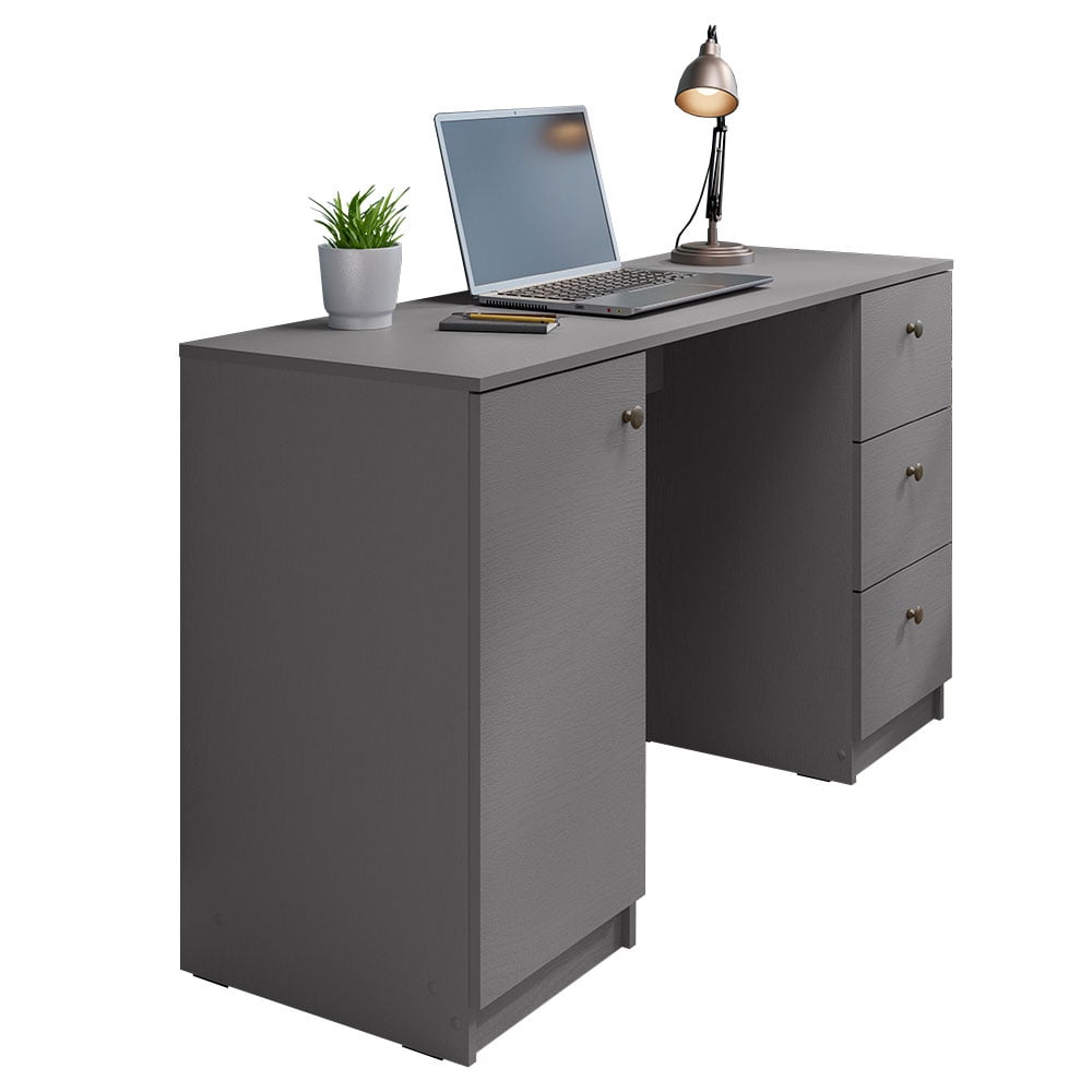 Madesa Executive Computer Writing Desk 53 Inch with 3 Drawers and 1 Door, Metalic Handles Wooden Home Office PC Study Table with Storage - Gray