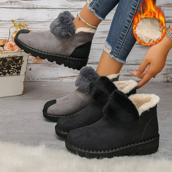 Lovzfmll Winter Boots for Women, Faux Fur Lined Snow Ankle Round Toe Flat, Chunky Low Heel Round Toe Booties Warm Gray Boots