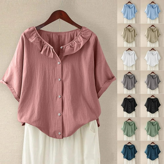 Olyvenn Women's Lightweight Loose Babydoll Tops Collar Button Down Linen Shirts Top Blouse Short Sleeve Summer Loose Shirts Black M