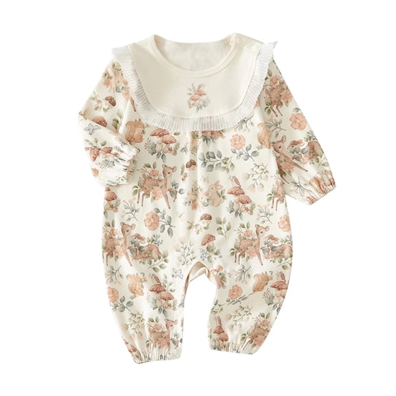 Fesfesfes Babys Side Snap Rompers Round Neck Long Sleeve Ruffled ‌Rompers Cute Grdphic Print Rompers ,Size 0 Month-9 Months