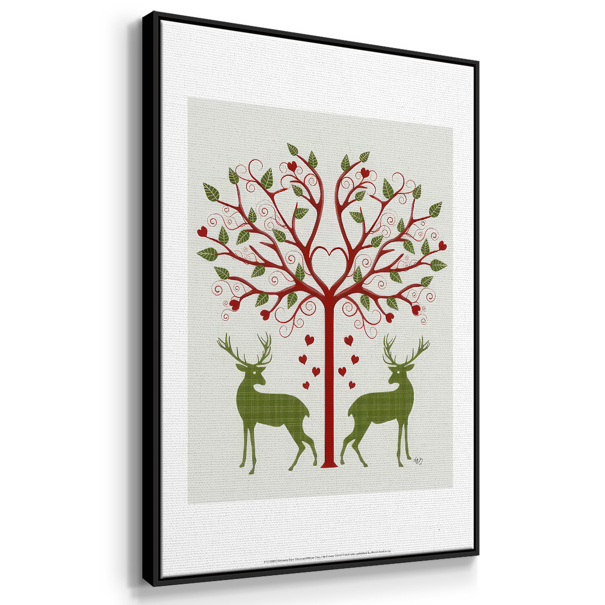 Christmas Des - Deer and Heart Tree, On Cream - Framed Gallery Wrapped Holiday Canvas - 27 x 41 - Black Frame