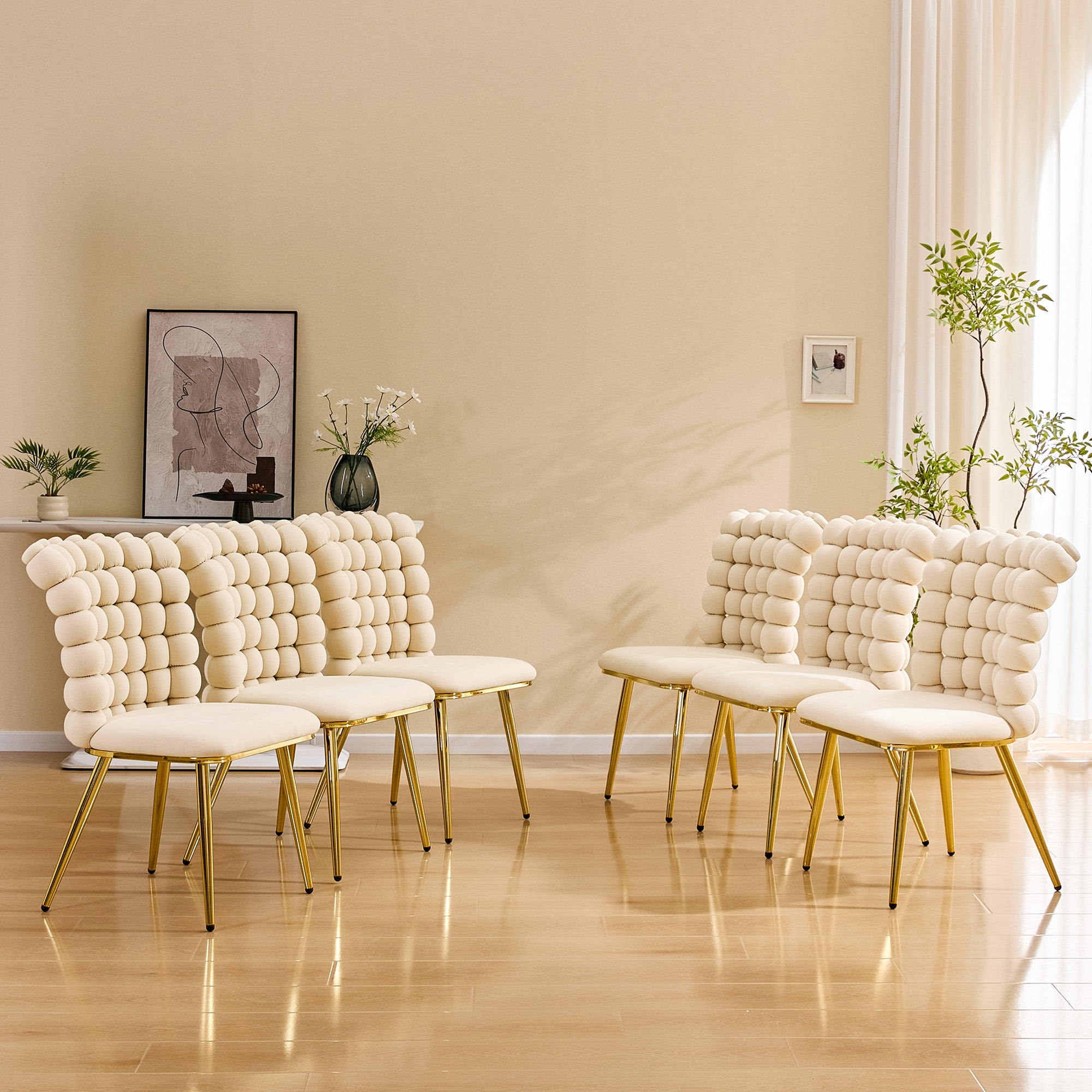 Leumius Set of 2 Luxury Bubble Tufted Swivel Chair, Premium Velvet Upholstered Accent Chair with Gold Metal Frame, Ergonomic Space-Saving Desk Chair for Modern Interiors Beige