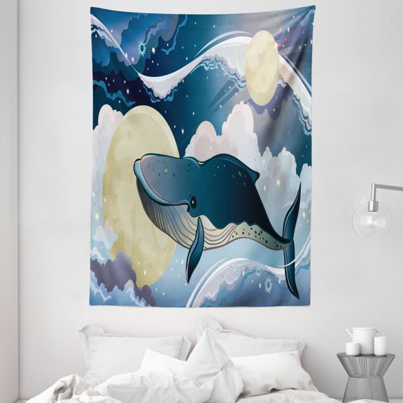 Whale Decor Tapestry, Cartoon Style Huge Whale Flies over Night Clouds with other Planets, Wall Hanging for Bedroom Living Room Dorm Decor, 60W X 80L Inches, Night Blue and White, by Ambesonne